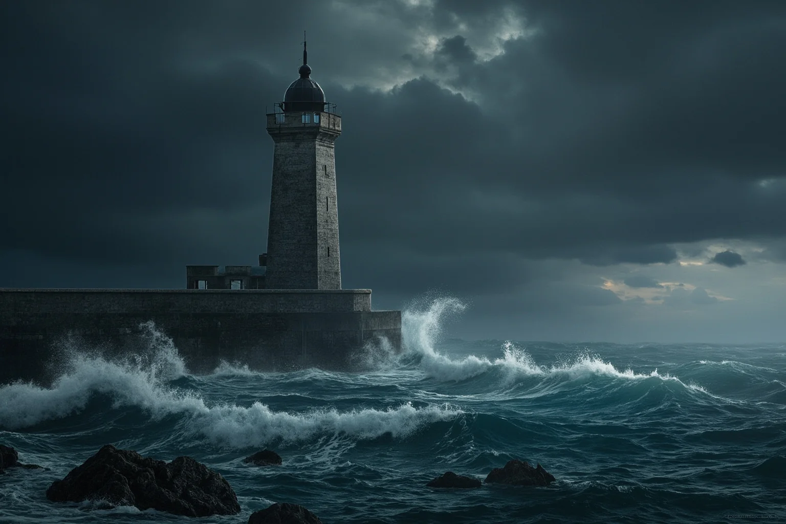Strange History: Why Lighthouse Keepers Went Mad (Or Did They?) 6 A dramatic stormy sea crashing against a stone lighthouse tower, waves reaching the lantern room, dark moody illustration