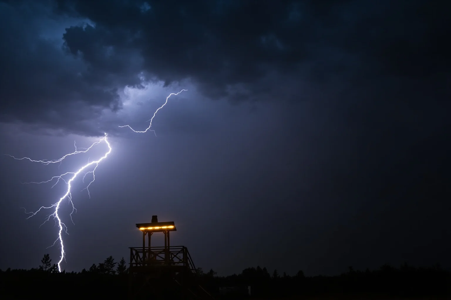 A dramatic stormy sky with a lightning bolt striking near a forest ranger lookout tower