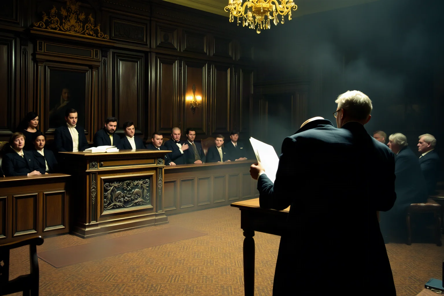 A dramatic Victorian-era courtroom scene implying a breach of promise lawsuit