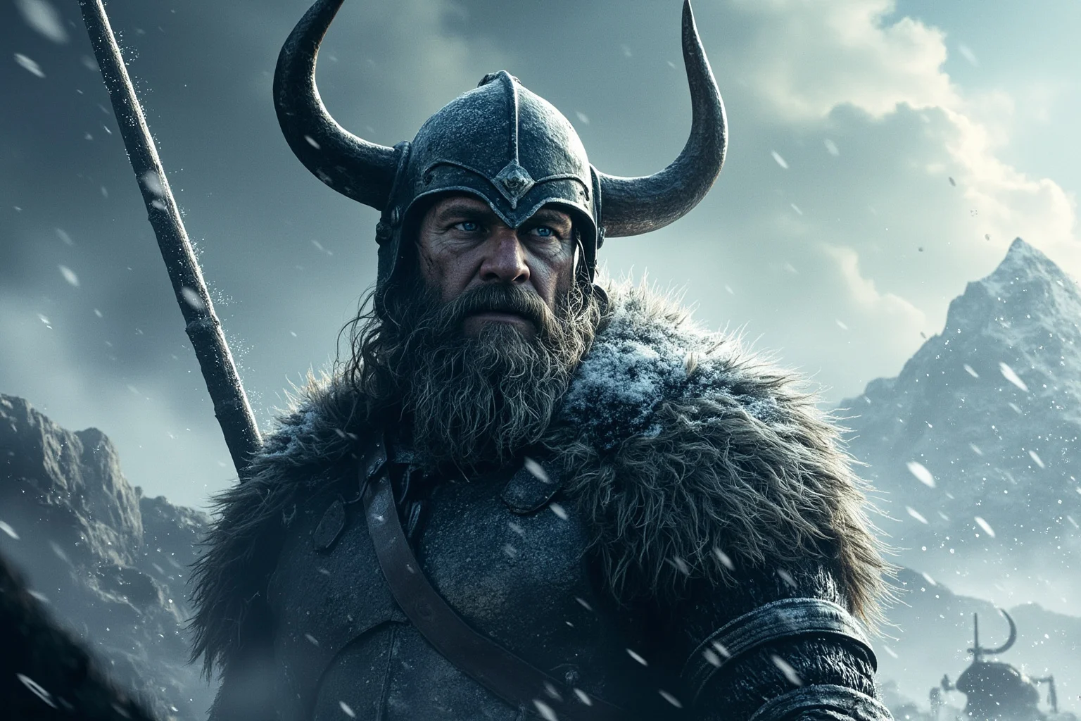 A dramatic Viking warrior illustration wearing a horned helmet in a snowy landscape