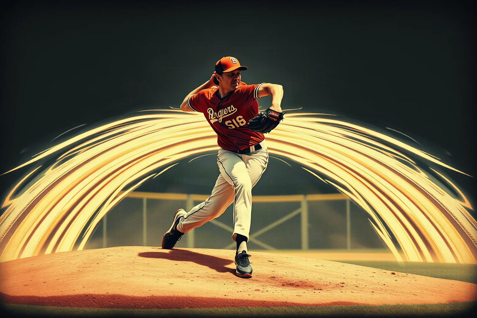 A dramatic vintage-style scene of a pitcher mid-windup with motion lines showing a blazing fastball