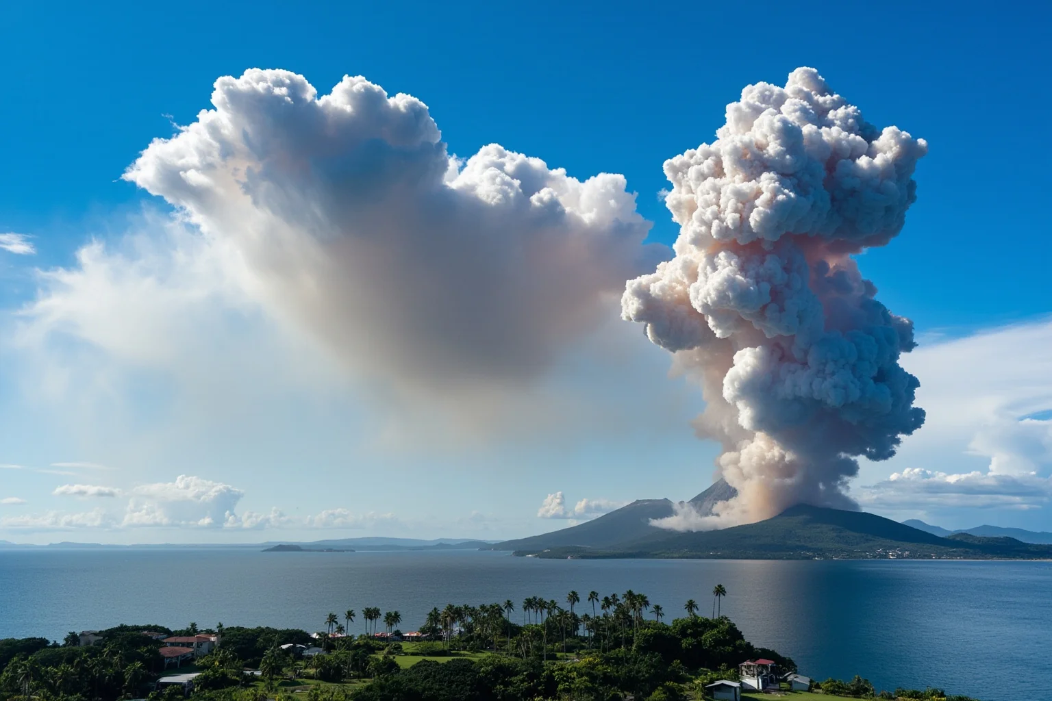 A dramatic volcanic eruption with a massive ash cloud rising over a tropical island landscape