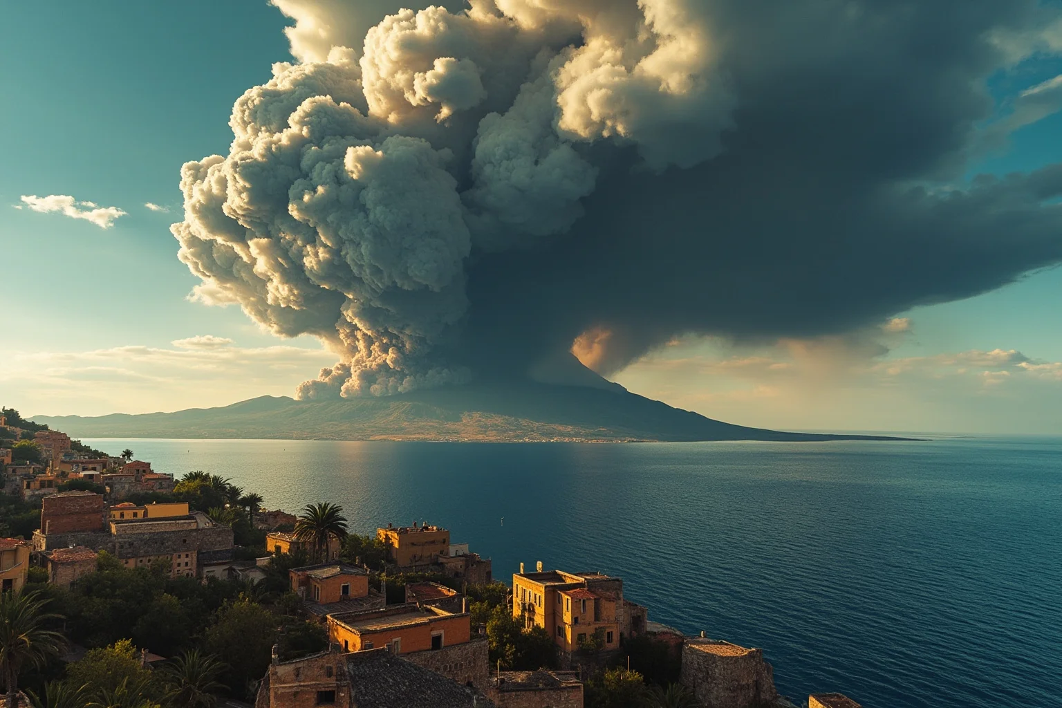 Myths That Defined Cultures: 20 Legends Born From True Events 3 A dramatic volcanic island erupting with ash clouds over a Bronze Age Mediterranean coastal settlement