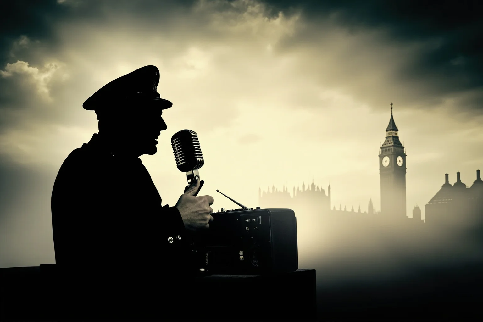 21 Beloved Historical Figures Who Are Controversial Today 9 A dramatic wartime-era microphone and radio silhouette against a cloudy British skyline, symbolic illustration, no real person shown