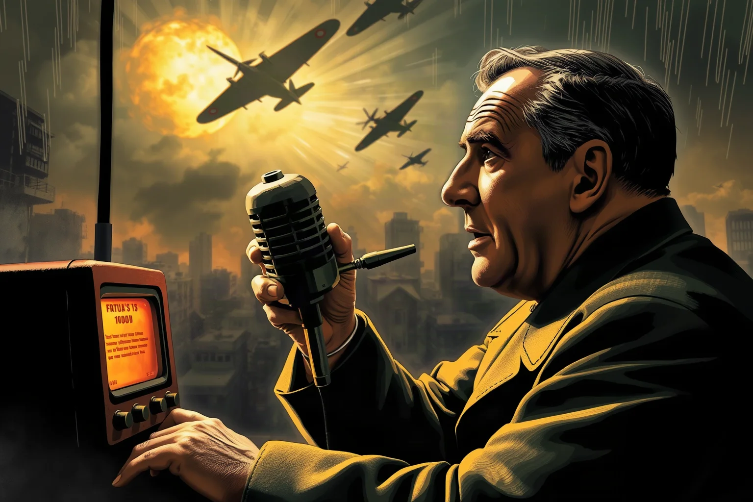 A dramatic wartime illustration of a leader speaking into an old radio microphone during an air raid