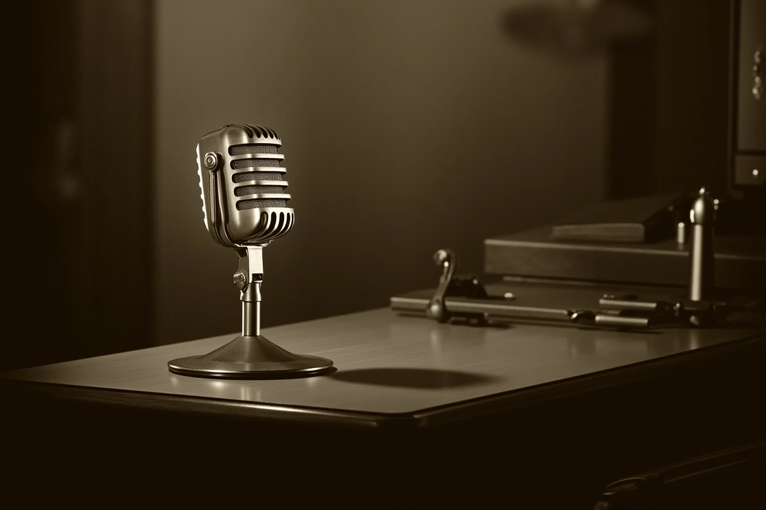 20 Famous Historical Quotes That Were Taken Out of Context 4 A dramatic wartime radio broadcast microphone on a wooden desk in a dim 1940s office, sepia-toned illustration