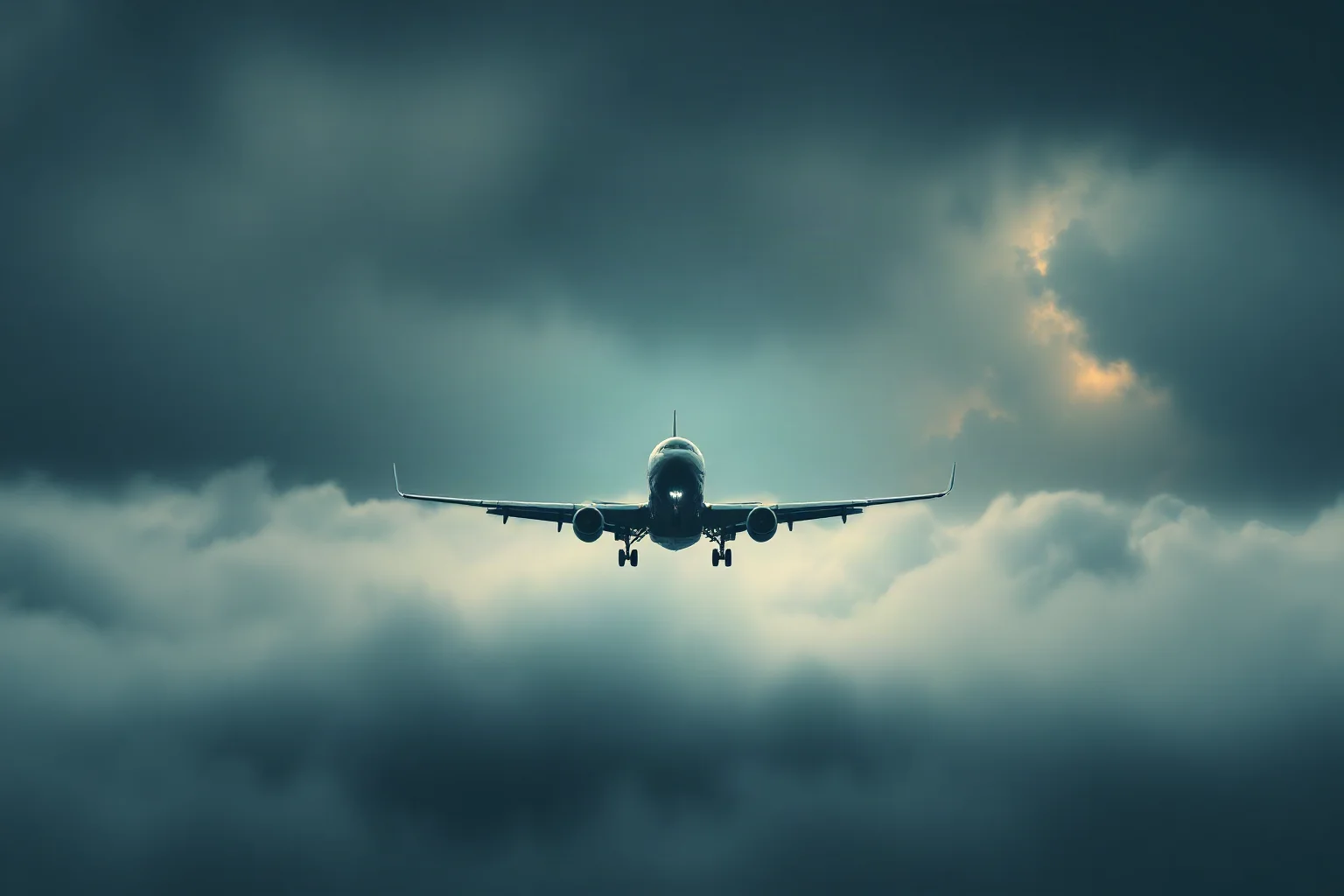A dramatic wide shot of a lone airliner silhouetted against clouds with an eerie, misty atmosphere