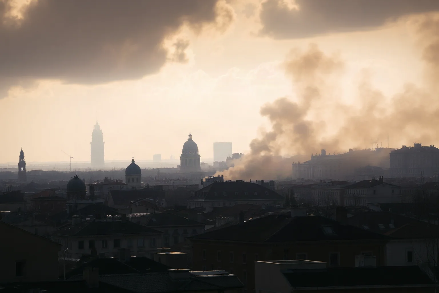 A dramatic wide shot of a ruined European city skyline under smoke-filled skies