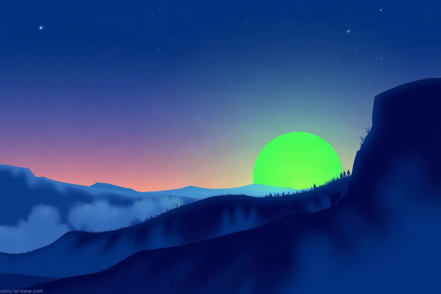 A dreamlike twilight landscape with a greenish glow on the horizon, distant hills, fantasy illustration style