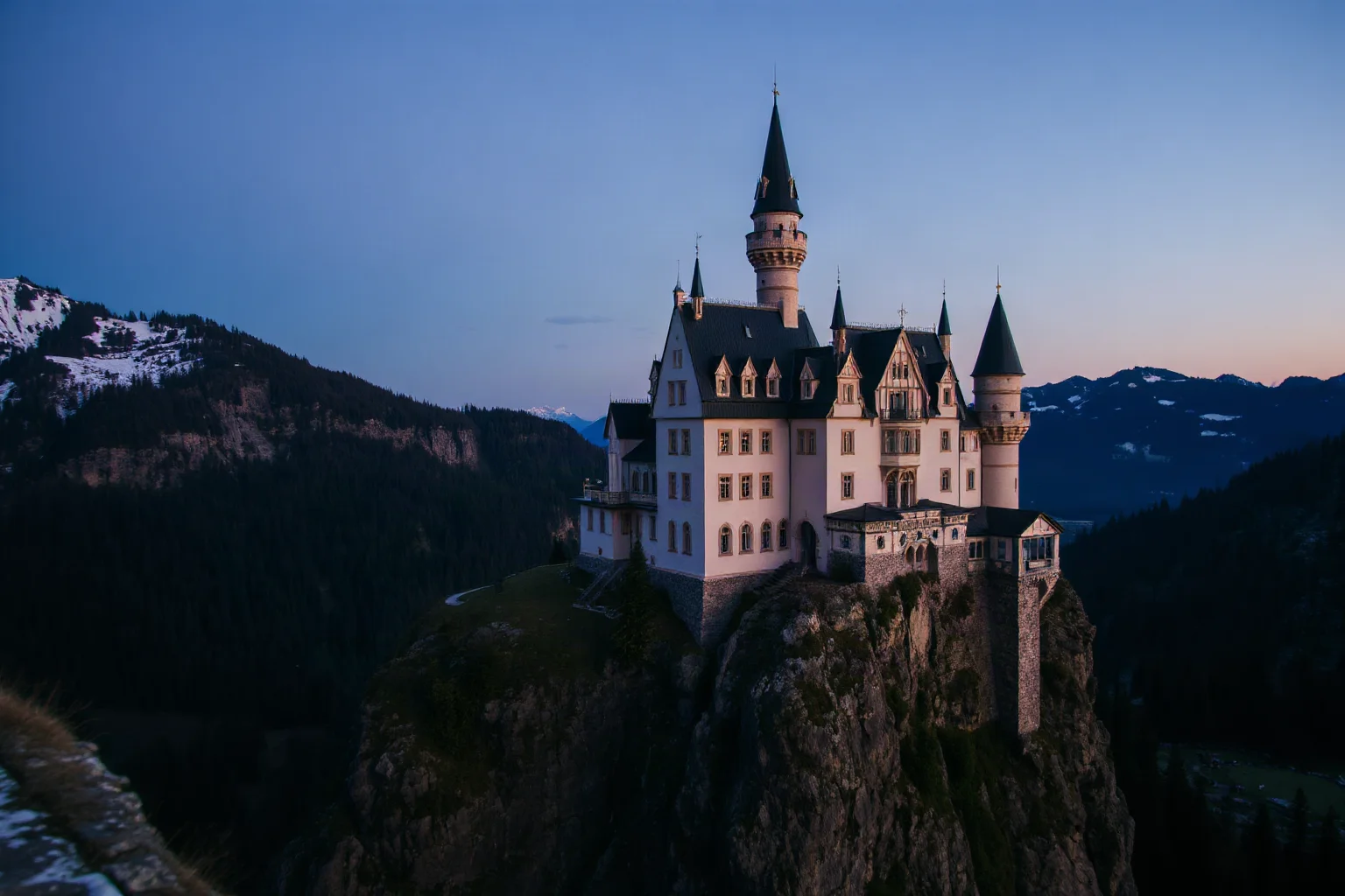 A dreamy fairy-tale castle perched on an alpine cliff at dusk, built by an obsessive royal patron