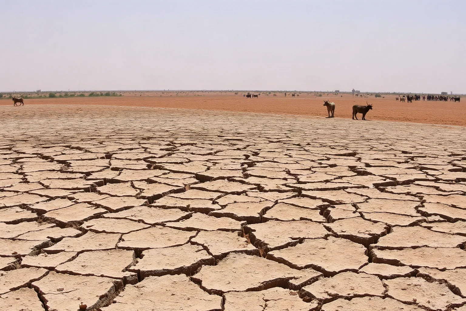 A drought-stricken landscape with cracked earth and sparse vegetation, with emaciated livestock and refugees in the distance