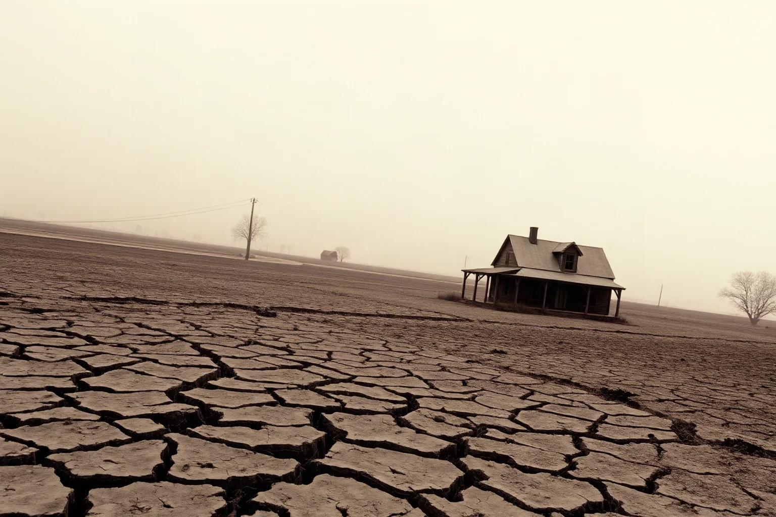 A dry, cracked farmland landscape with a lone abandoned farmhouse under a dusty sky, symbolic of 1930s economic hardship.