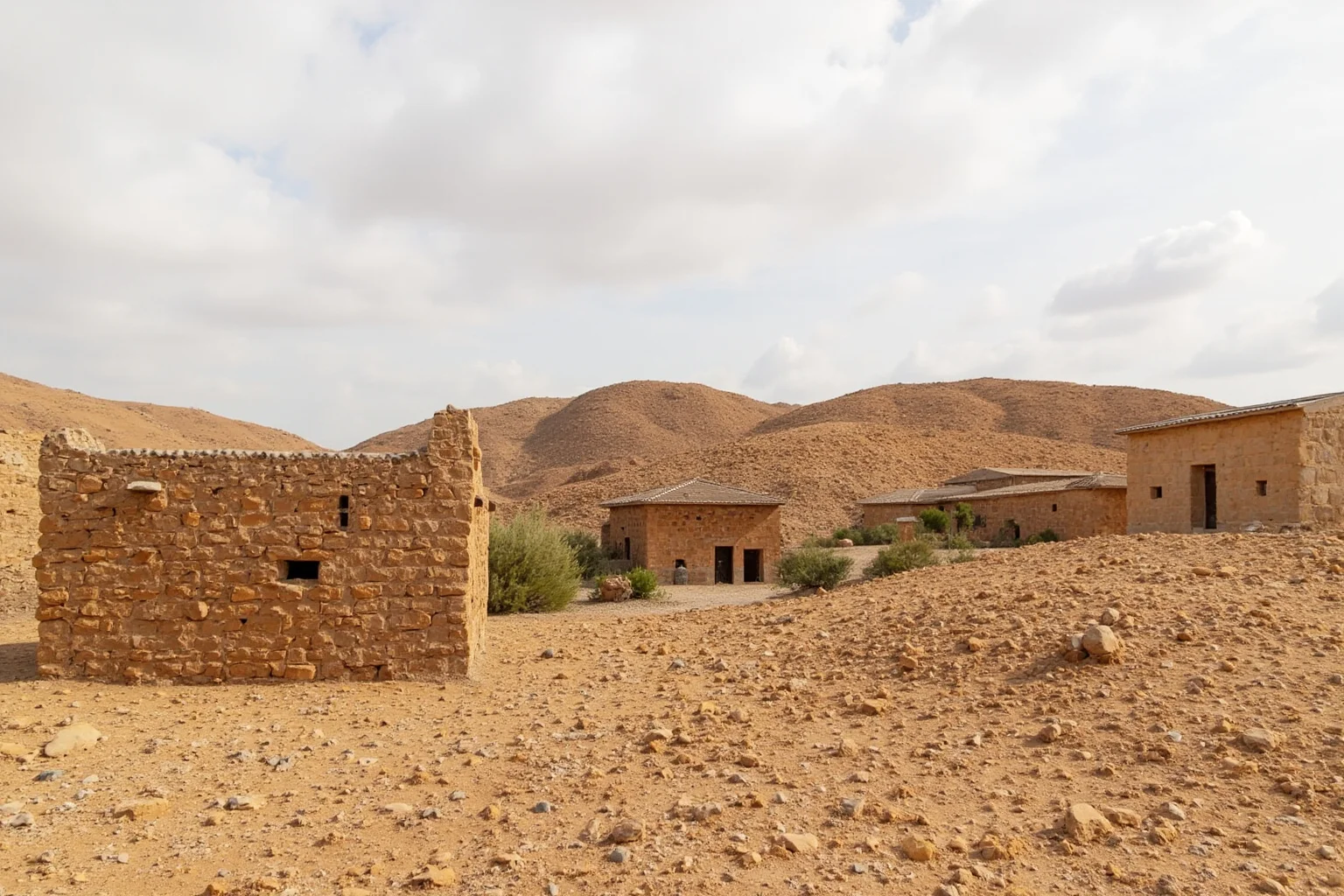 A dry highland landscape in Eritrea with modest stone buildings