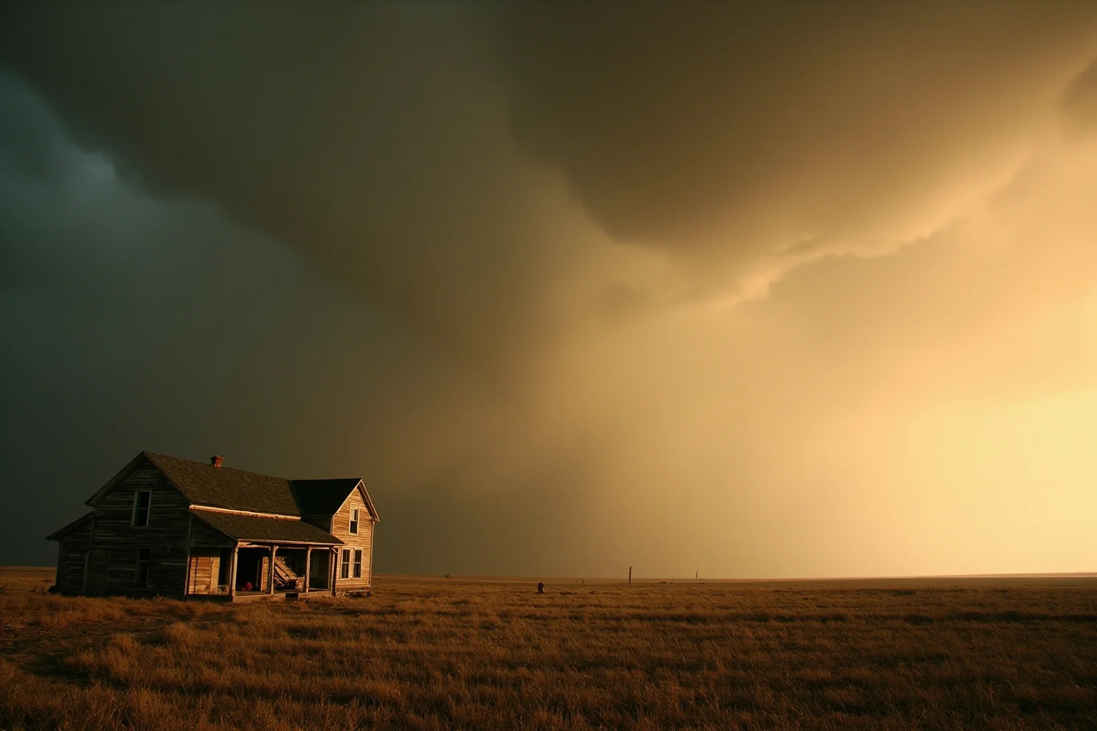 A dust storm sweeping across a dry 1930s American farmland with an abandoned farmhouse