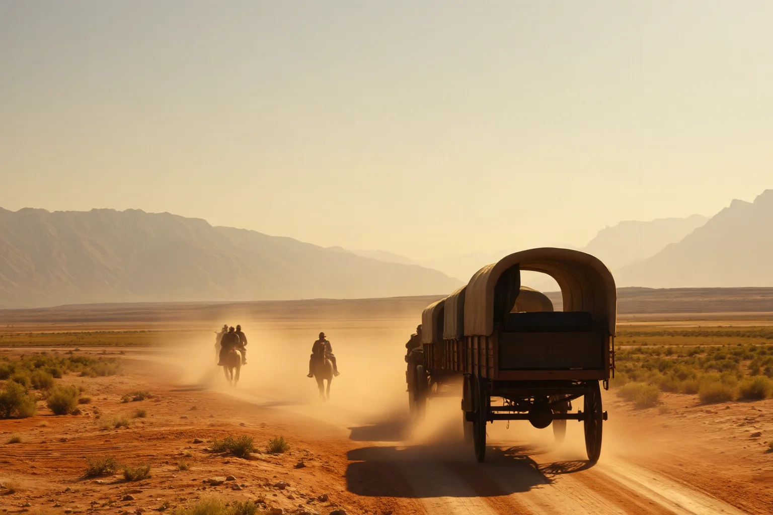 A dusty covered wagon train crossing an open desert landscape toward distant mountains, warm golden light, symbolic of westward expansion.