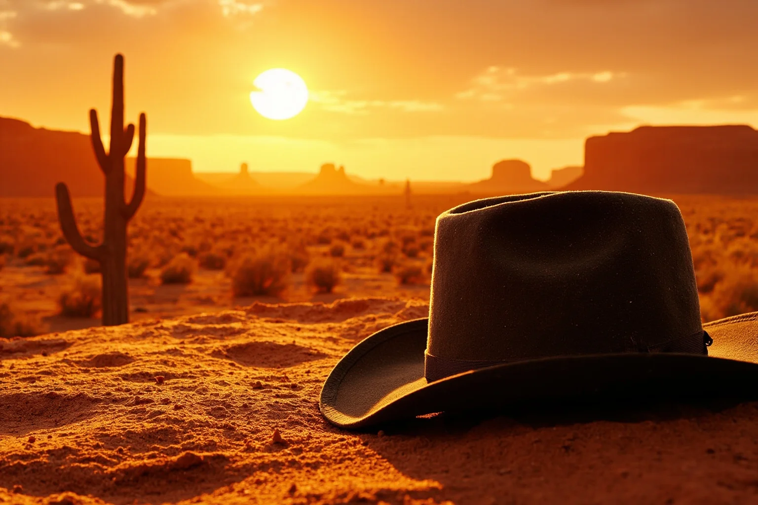 21 Beloved Historical Figures Who Are Controversial Today 19 A dusty cowboy hat and Western desert landscape at sunset, symbolic classic-film illustration, no real person depicted