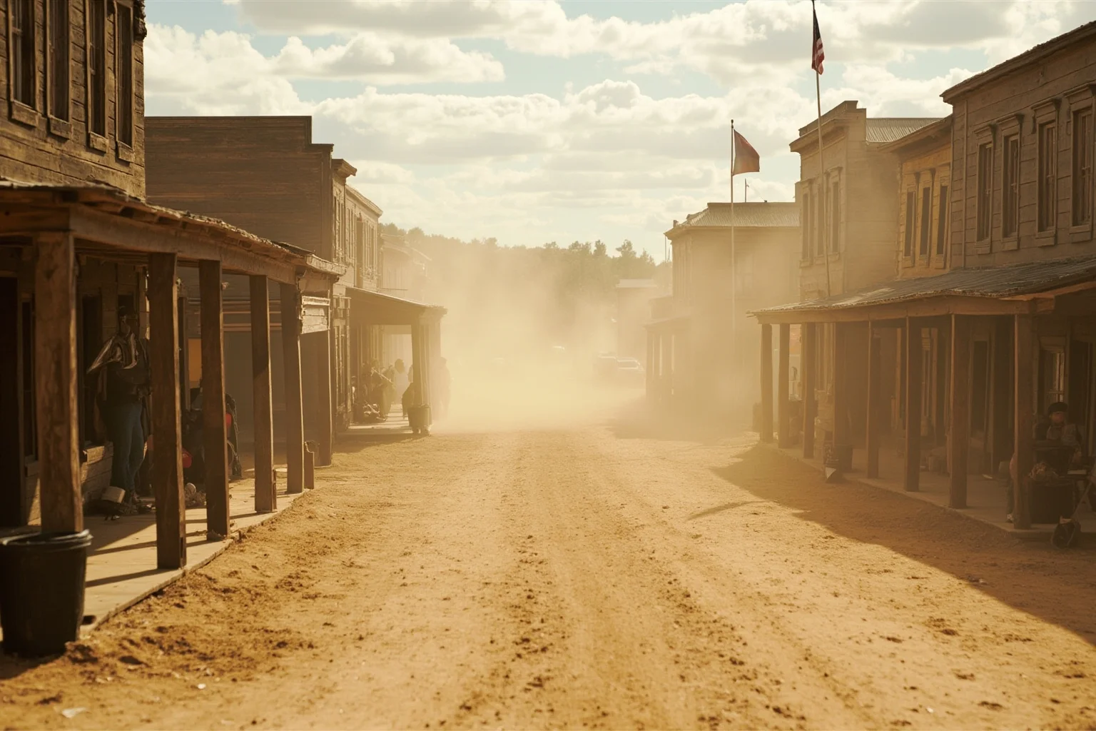 A dusty, empty lot between wooden buildings in a small 1880s frontier town, evoking a brief historic gunfight scene