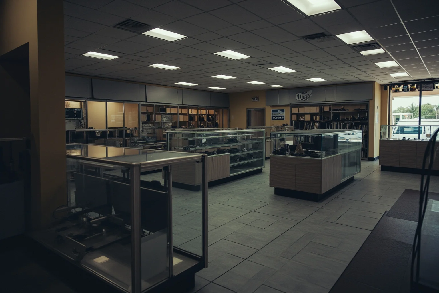 A dusty, empty strip-mall electronics shop with old display cases