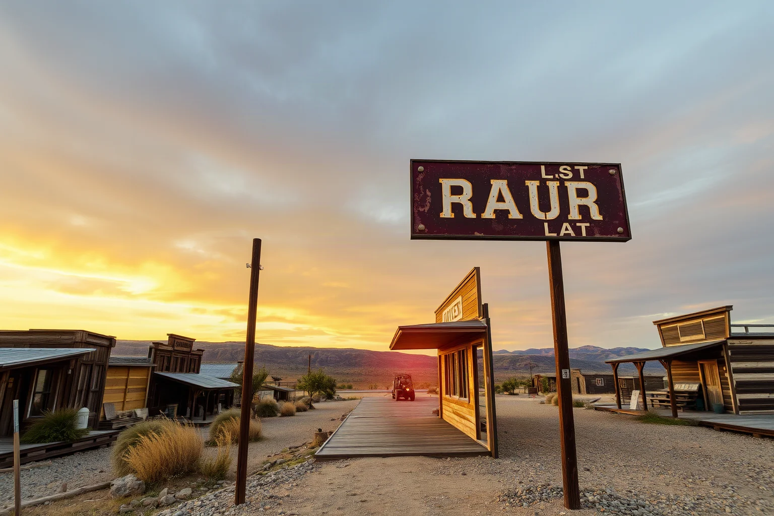 A dusty, fading railroad depot sign in an abandoned frontier ghost town at sunset
