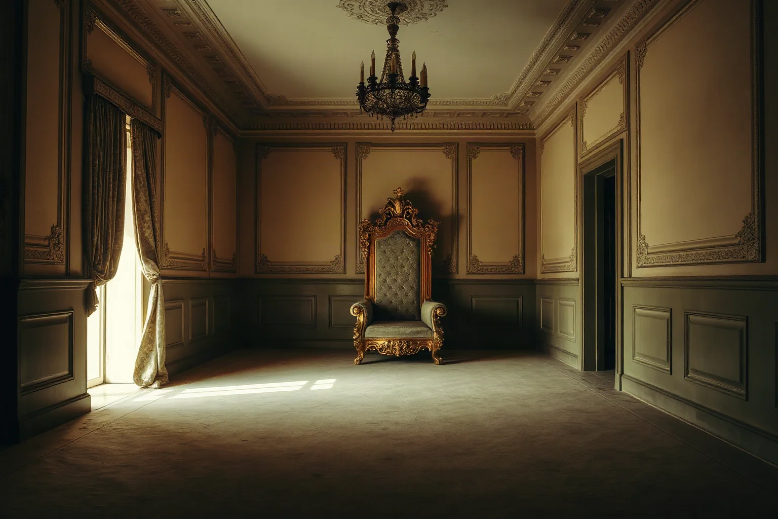 A dusty French palace hallway with an ornate empty throne bathed in soft light, symbolizing a brief royal reign
