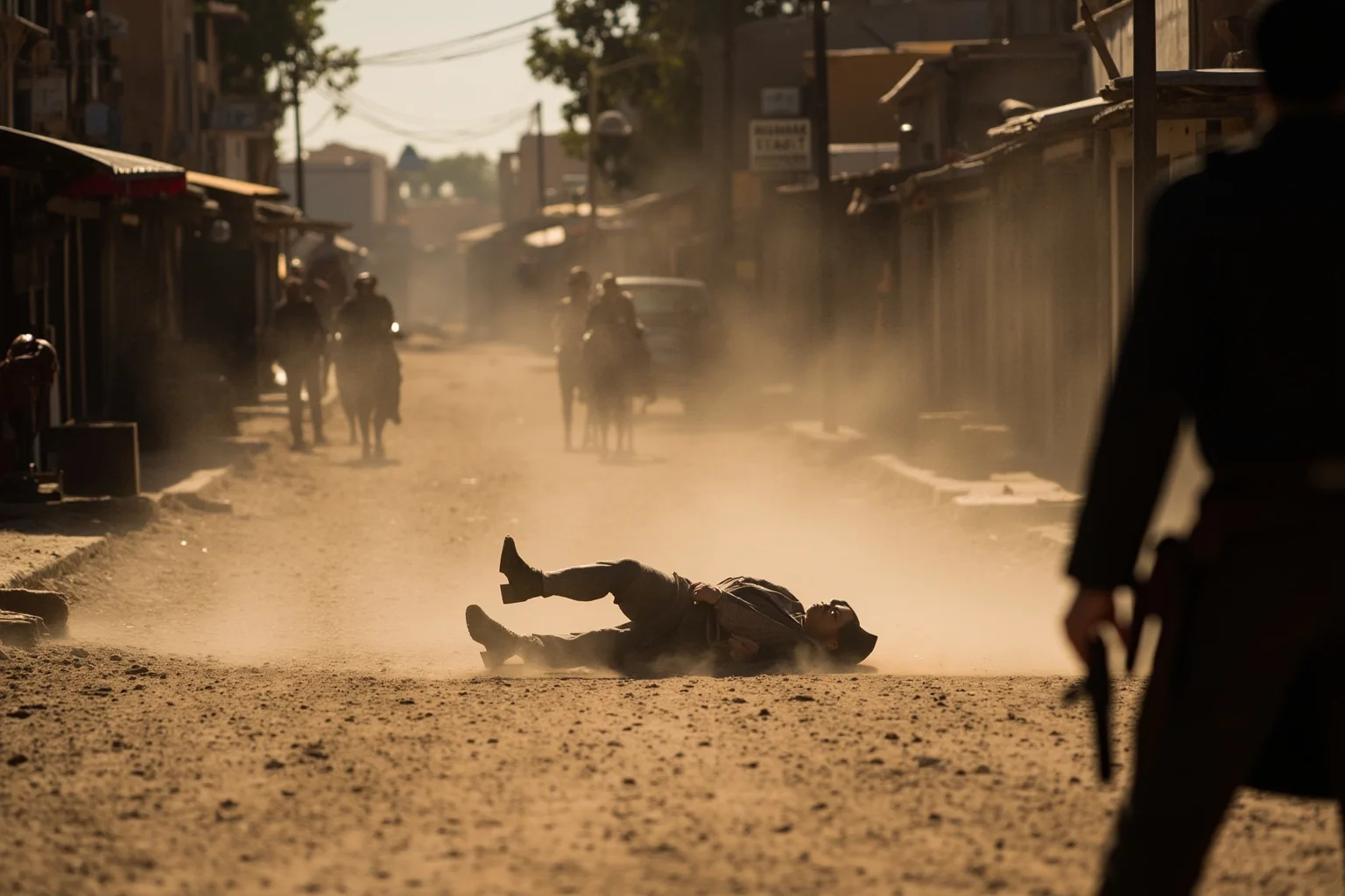 Hilarious Slang Terms From The Wild West 23 A dusty frontier street after a showdown, one figure lying in the dust as onlookers watch from a distance, tasteful silhouette style