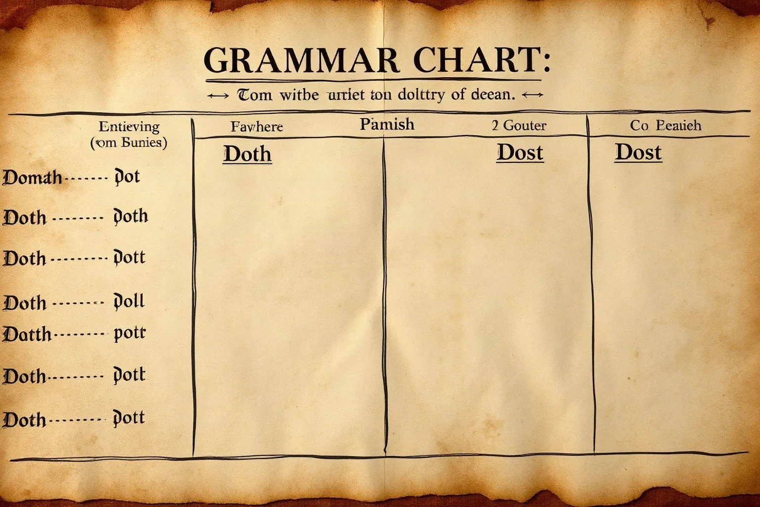 A dusty grammar chart on aged parchment showing verb conjugations like Doth and Dost in decorative calligraphy