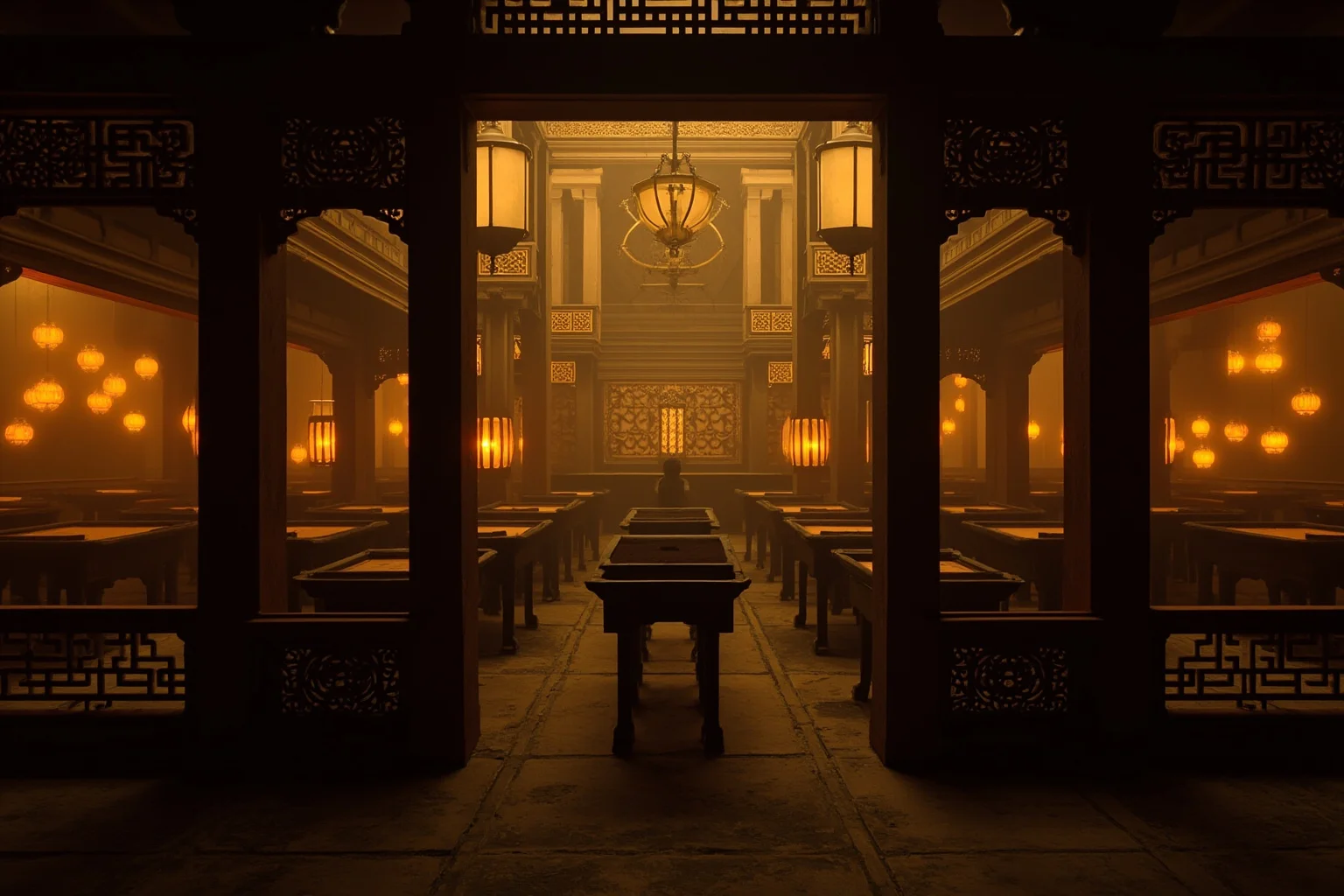 A dusty historical gambling house interior in 19th-century southern China with lanterns and tables