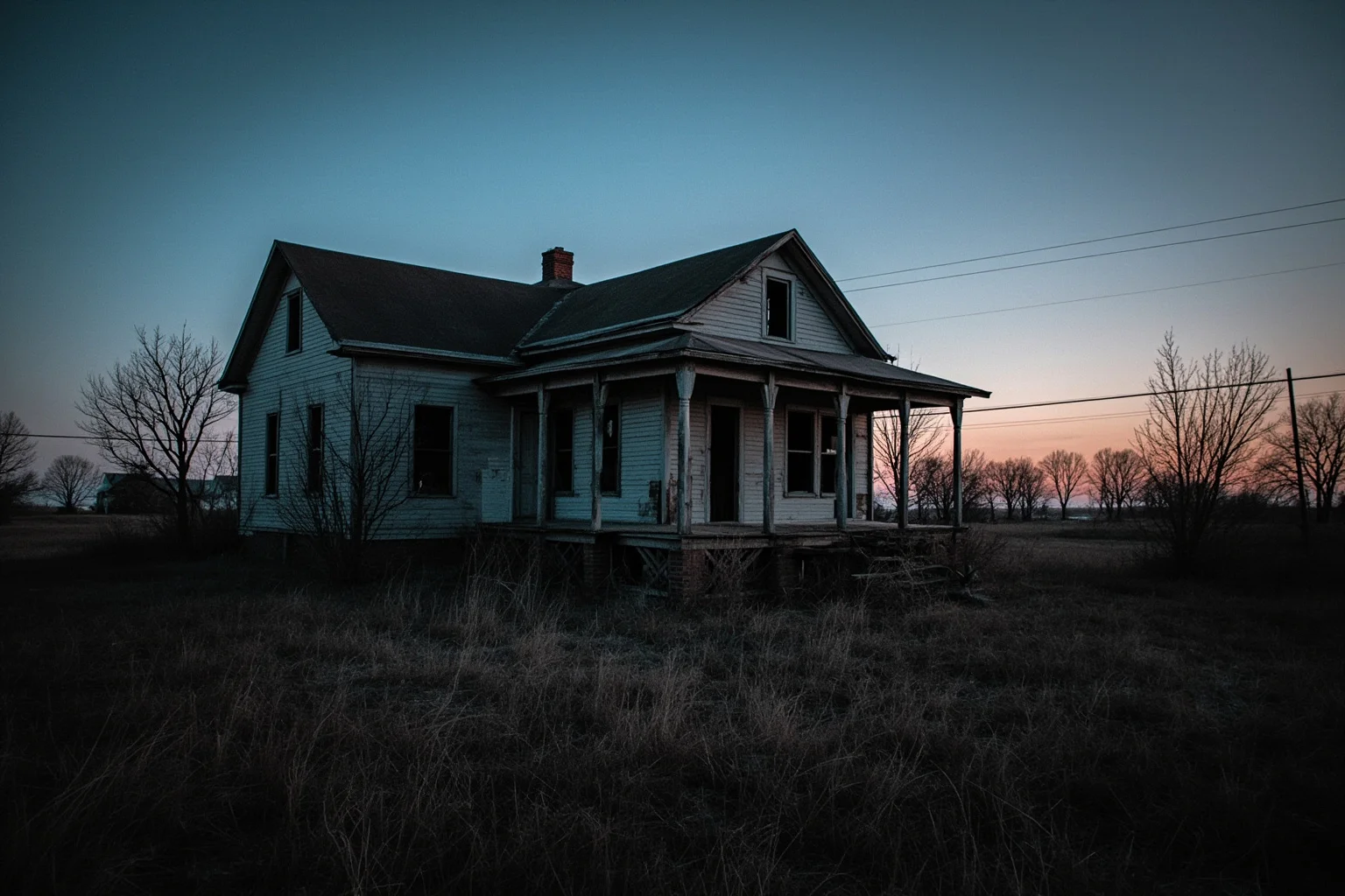 25 Disturbing Last Words By Notorious Criminals 13 A dusty Kansas farmhouse at dusk, empty and abandoned, symbolic of a decades-old unsolved tragedy, muted colors