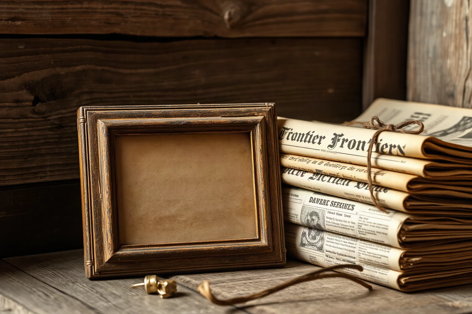 A dusty old photograph-style frame sitting beside a stack of yellowed frontier newspapers
