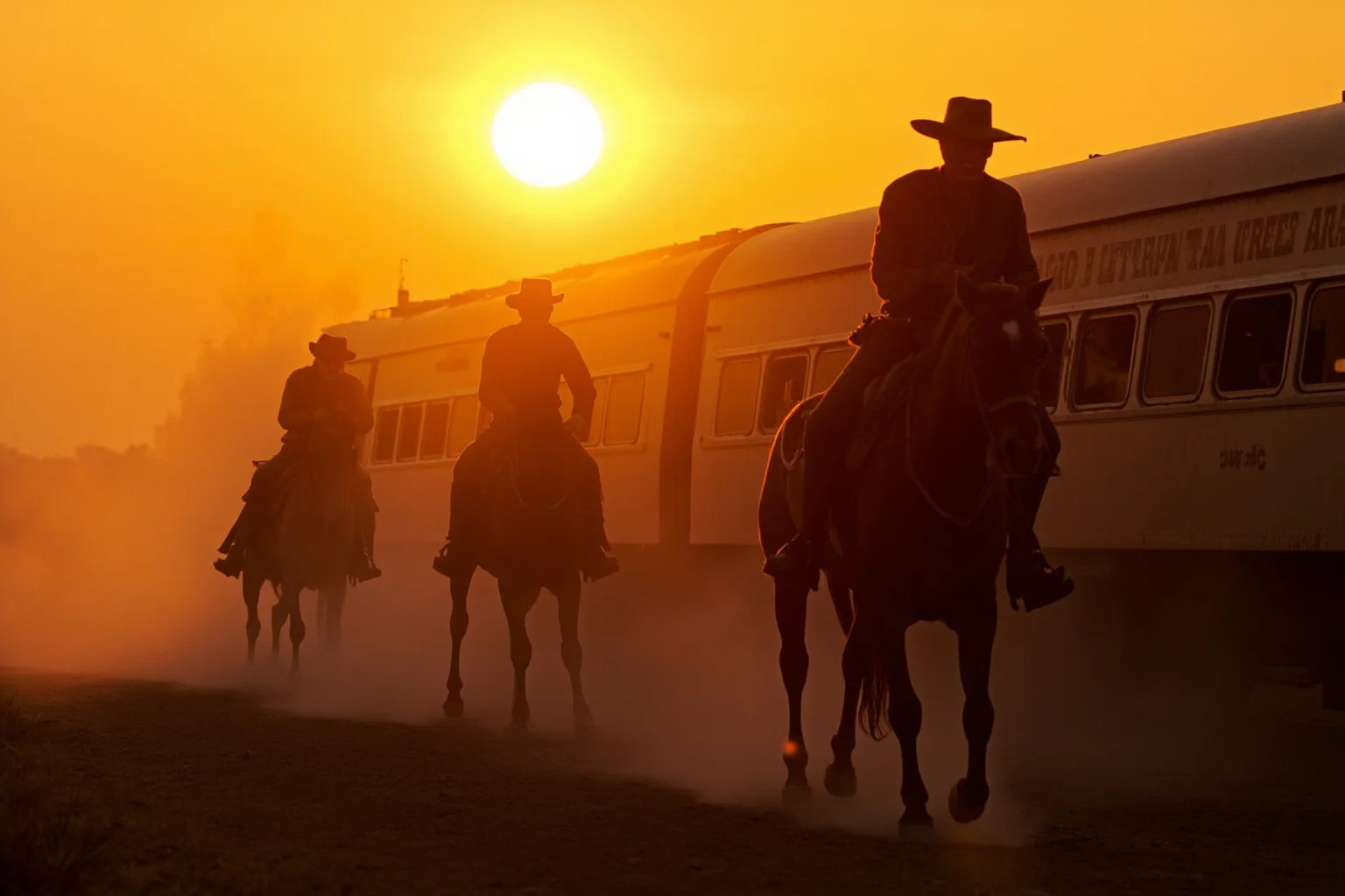 A dusty Old West train being robbed by masked outlaws on horseback at sunset