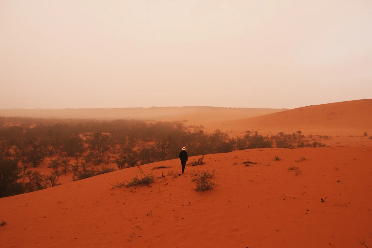 A dusty red outback landscape with sparse scrub brush and a lone wanderer at a distance