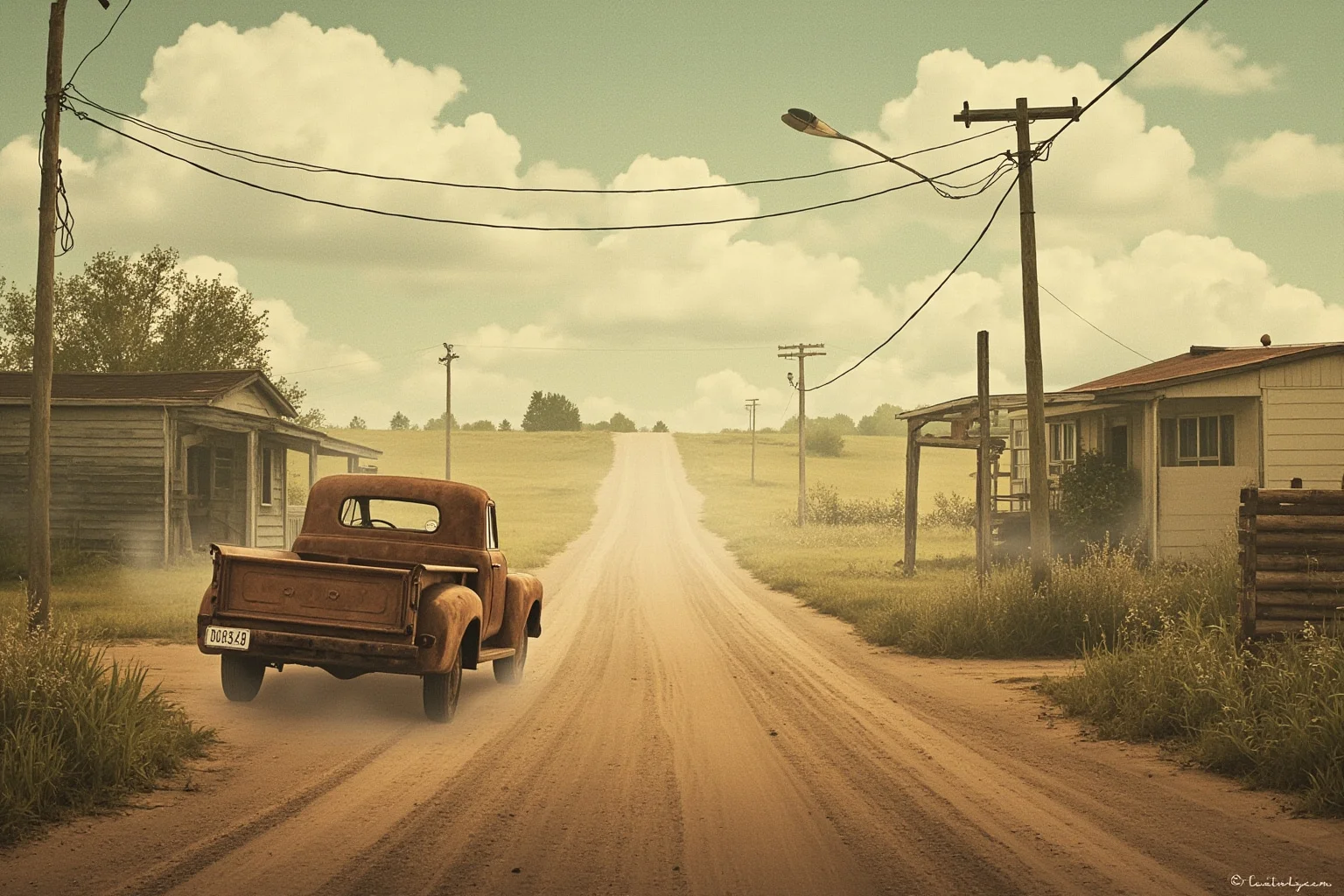 A dusty rural crossroads with an old pickup truck and dirt road, evoking regional Americana slang, simple atmospheric vintage illustration