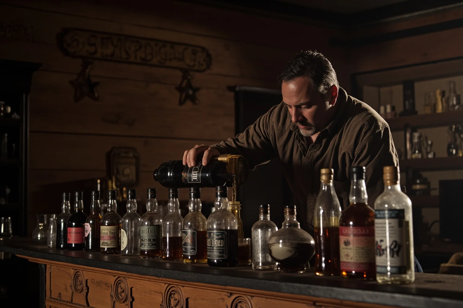 Hilarious Slang Terms From The Wild West 11 A dusty saloon bar with bottles of homemade liquor lined up, bartender pouring a drink for a weary traveler
