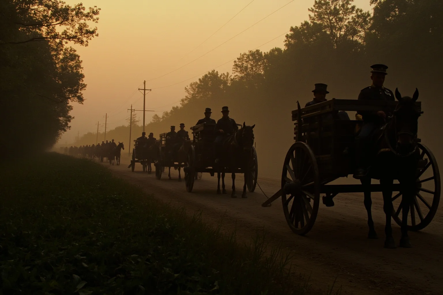 Missing Legendary Treasures That Are Yet to Be Found 14 A dusty Southern American Civil War-era wagon train traveling through a forest at dusk, guarded by soldiers