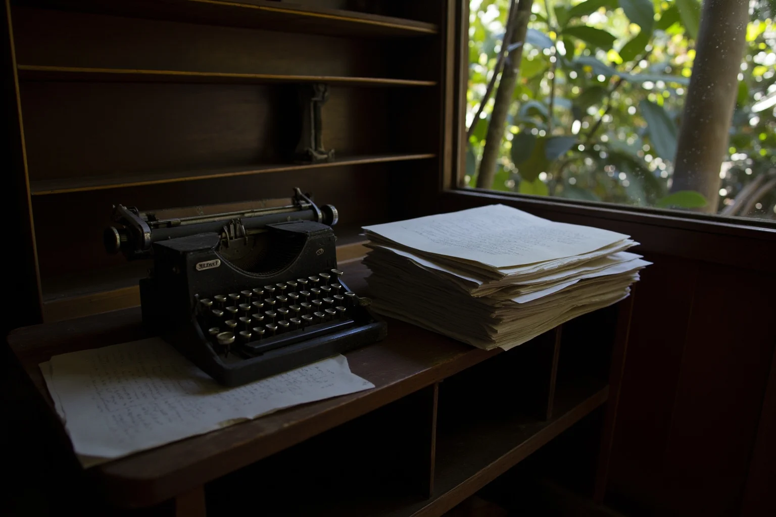 20 of the Most Mysterious People in History 12 A dusty typewriter and stack of manuscript pages on a desk in a dim Mexican jungle lodge, no visible author present