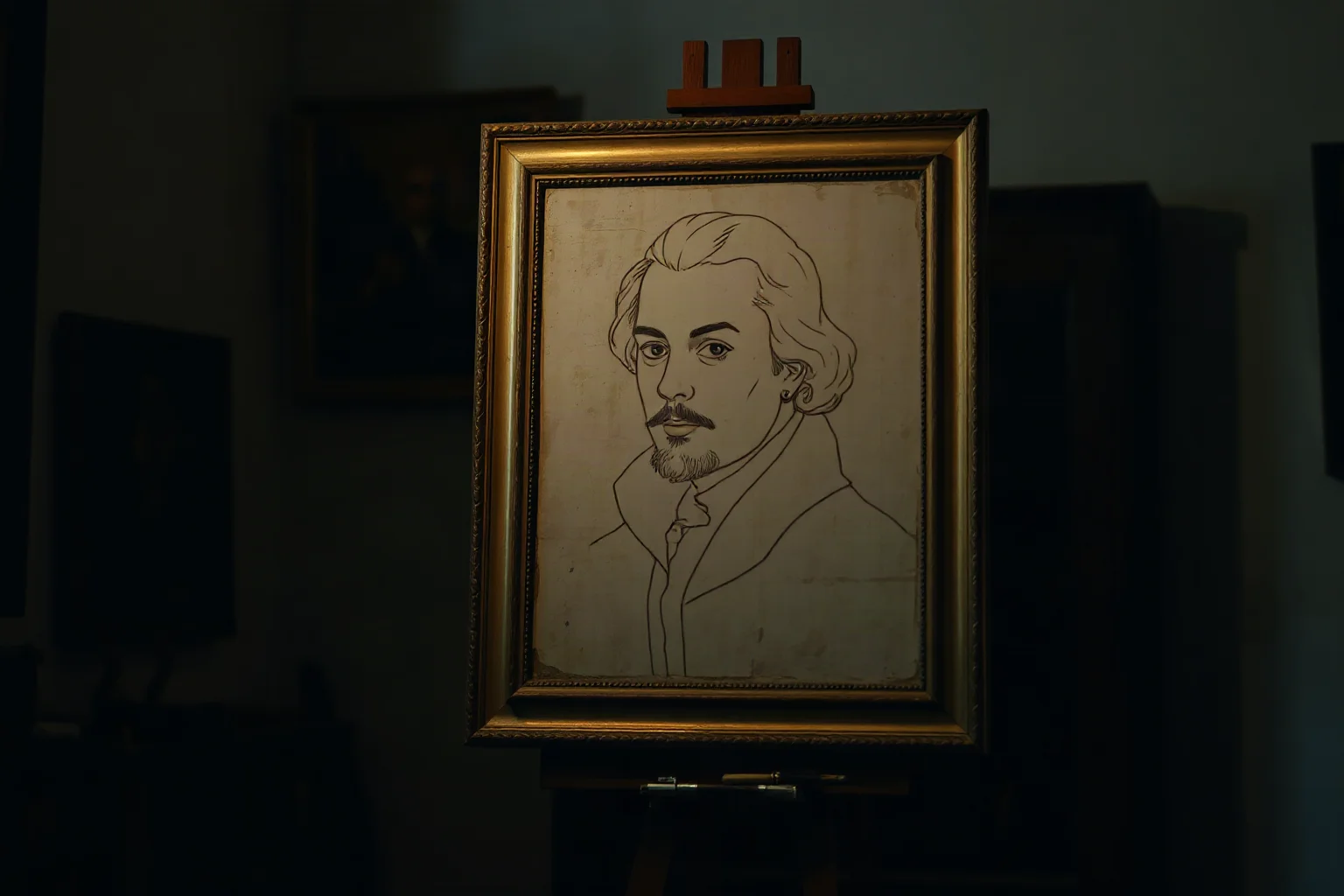 A dusty, unfinished-looking framed portrait outline on an easel in a dim Elizabethan study