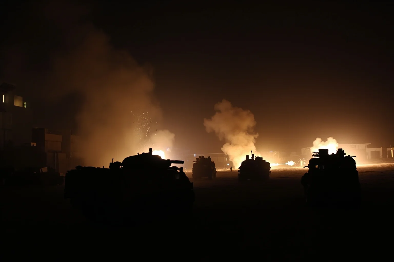 Memorable Moments Of Friendly Fire Throughout History 16 A dusty urban desert battlefield at night with silhouettes of armored vehicles and distant flashes of gunfire