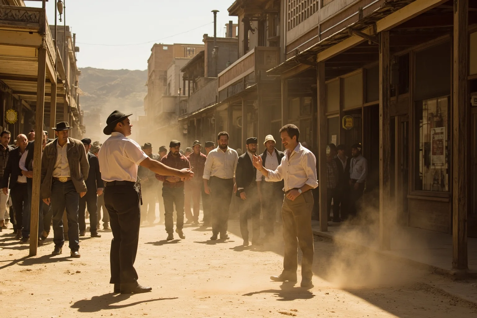 A dusty western street with two rows of men facing off near wooden storefronts