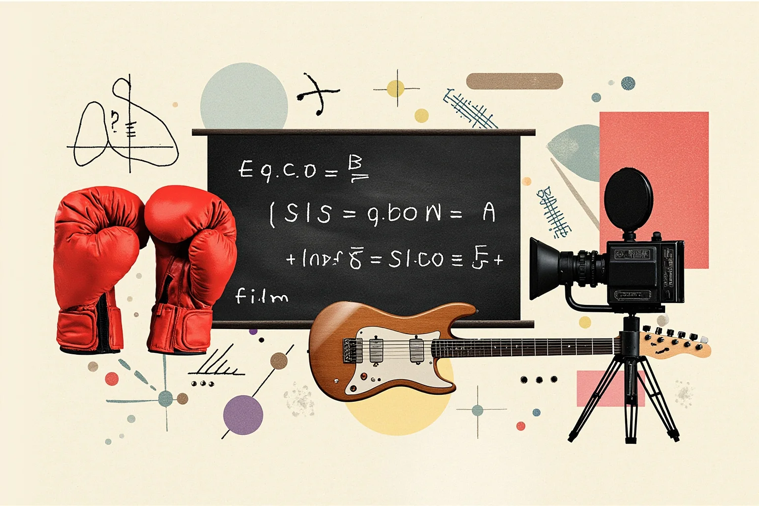 Historical Figures That Were Shockingly Born In The Same Year 9 A dynamic collage illustration symbolizing boxing, physics, music, and film, featuring boxing gloves, a chalkboard equation, a guitar, and a film camera
