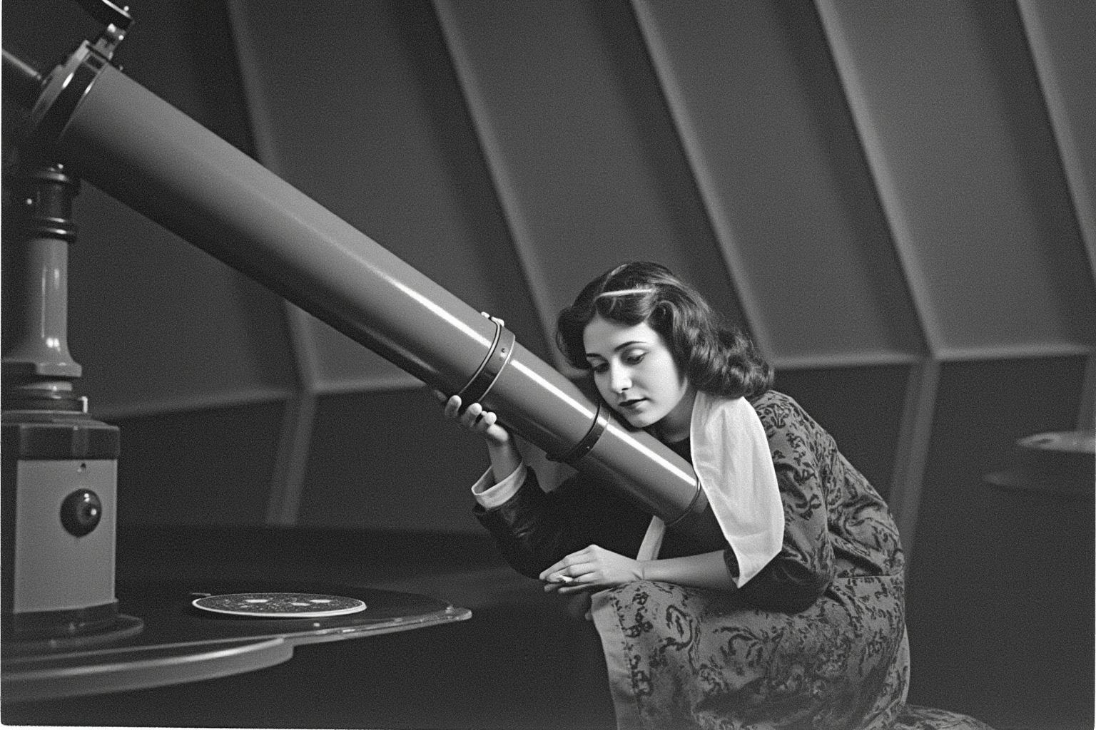 A early 20th-century woman astronomer studying photographic star plates in an observatory, historical illustration