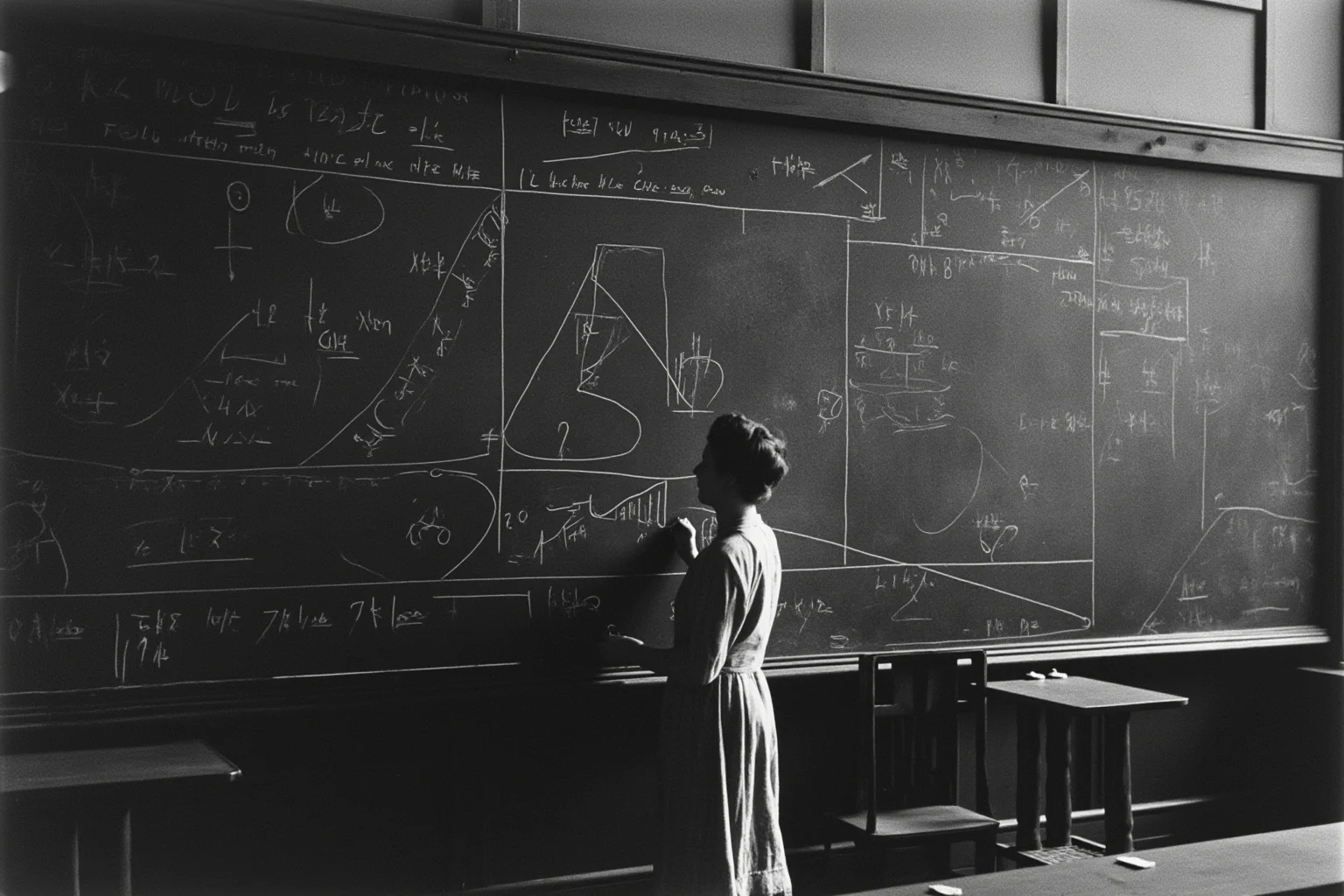 A early 20th-century woman mathematician writing complex equations on a large chalkboard in a university hall, illustrative style