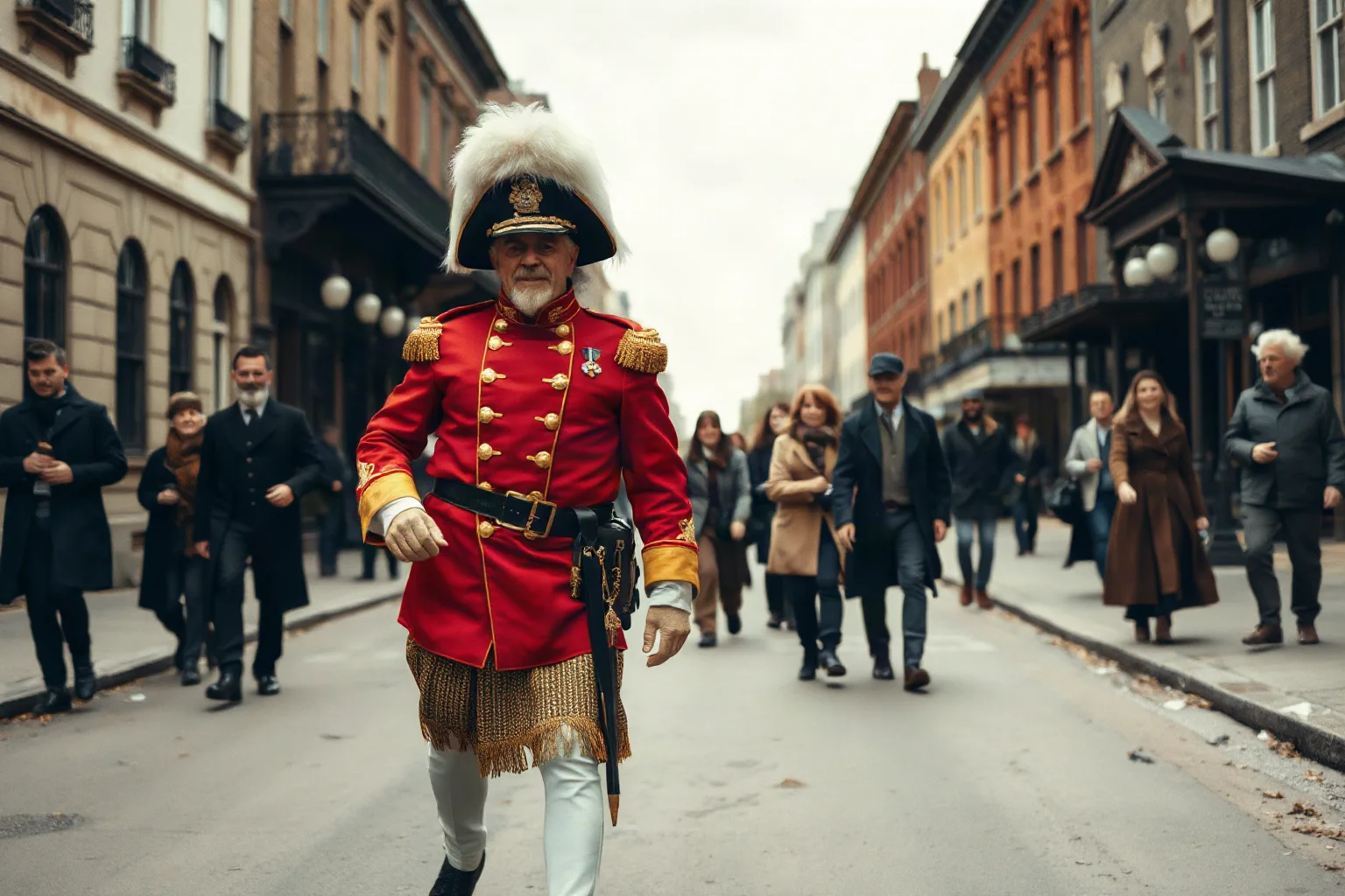 A eccentric self-styled emperor in a homemade military uniform strolling through a 19th-century city street, townspeople smiling