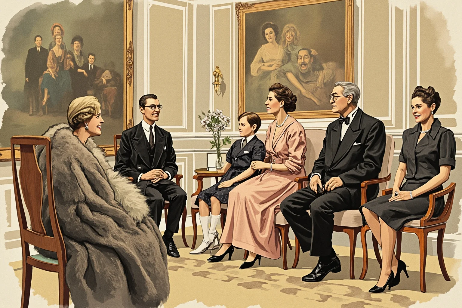 A elegant mid-20th-century royal family sitting together informally in a palace drawing room, illustrative editorial art style