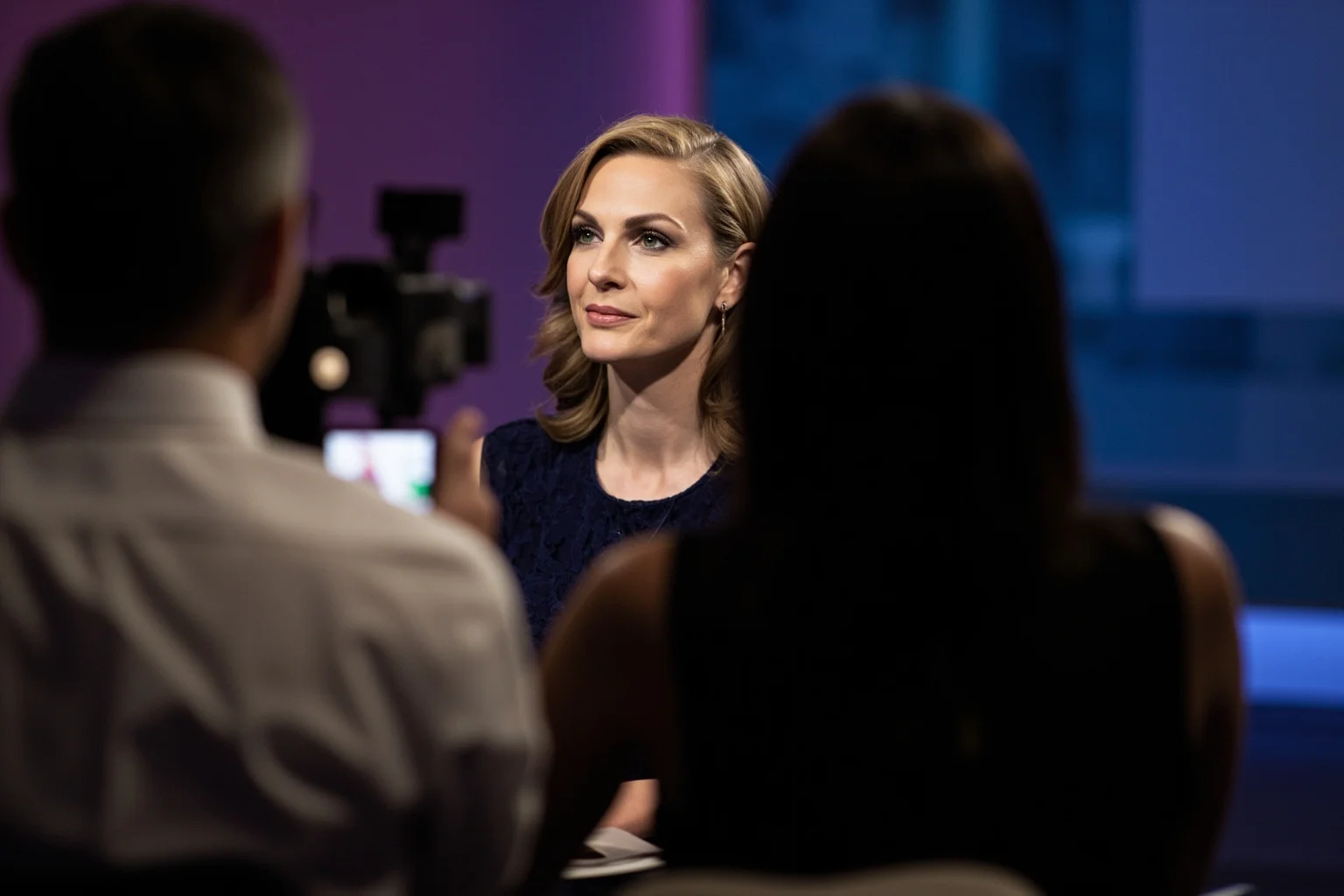 A elegant woman being interviewed on a television studio set with soft lighting and a single armchair