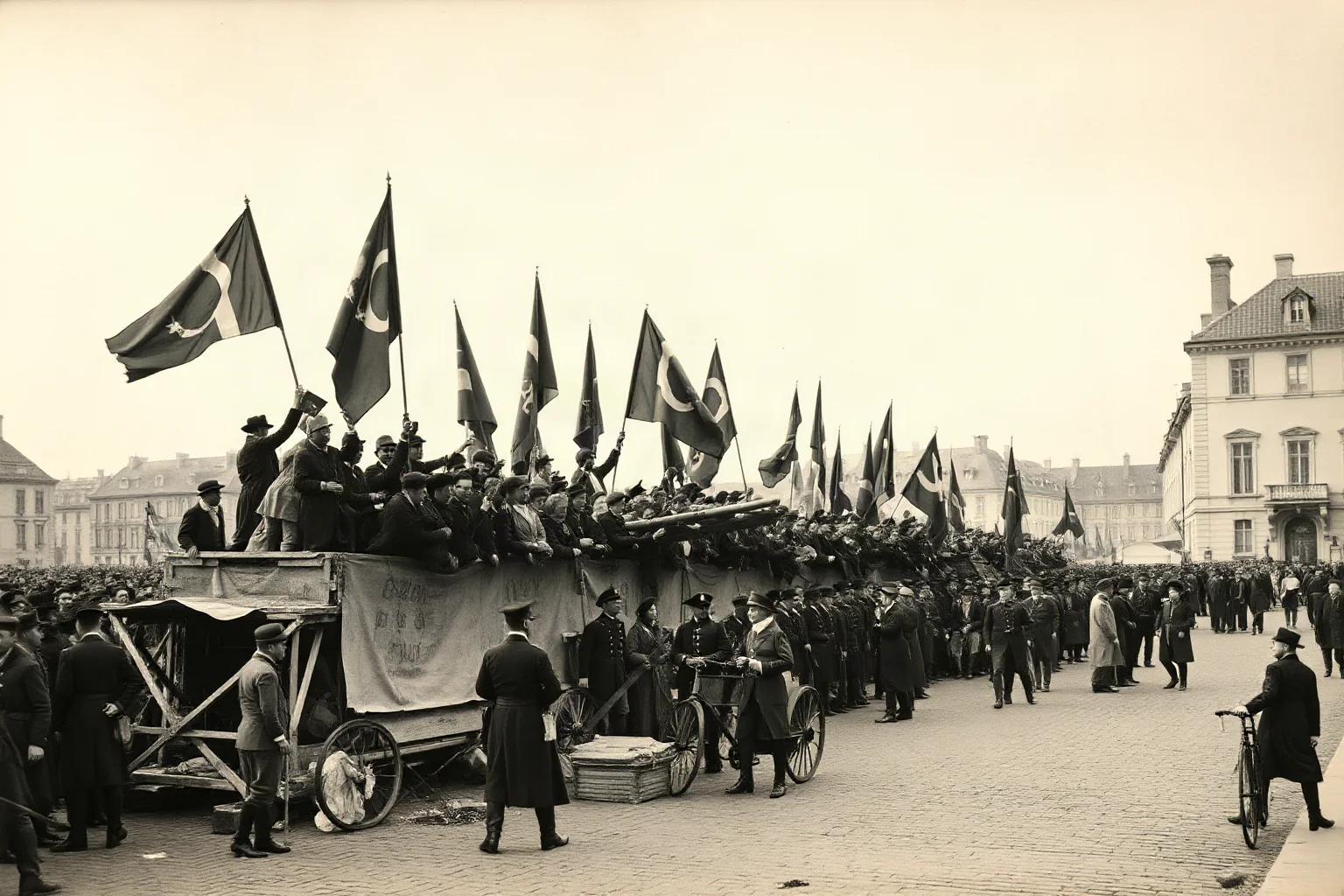 A European crowd waving flags atop a makeshift barricade in a mid-19th-century city square