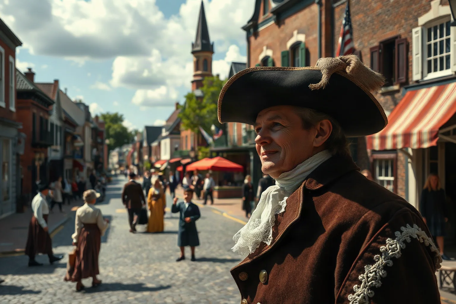 A European scholar or aristocrat in 1830s-era clothing observing a bustling American street scene or town square