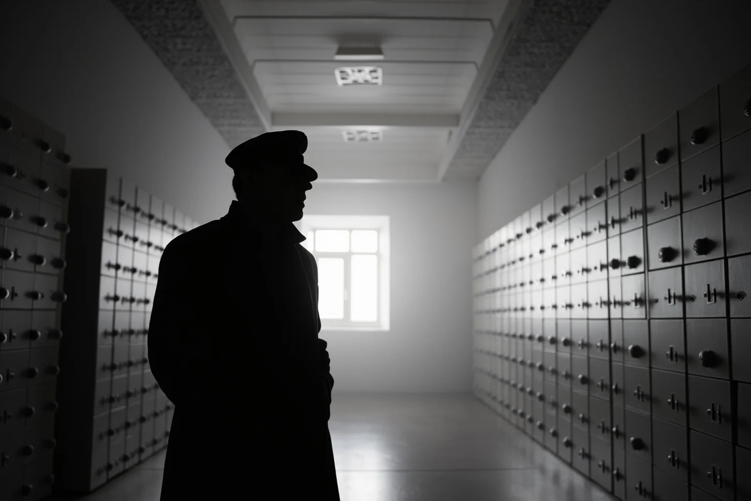 A faceless silhouette of a man in a long coat and hat standing in an East German office lined with filing cabinets