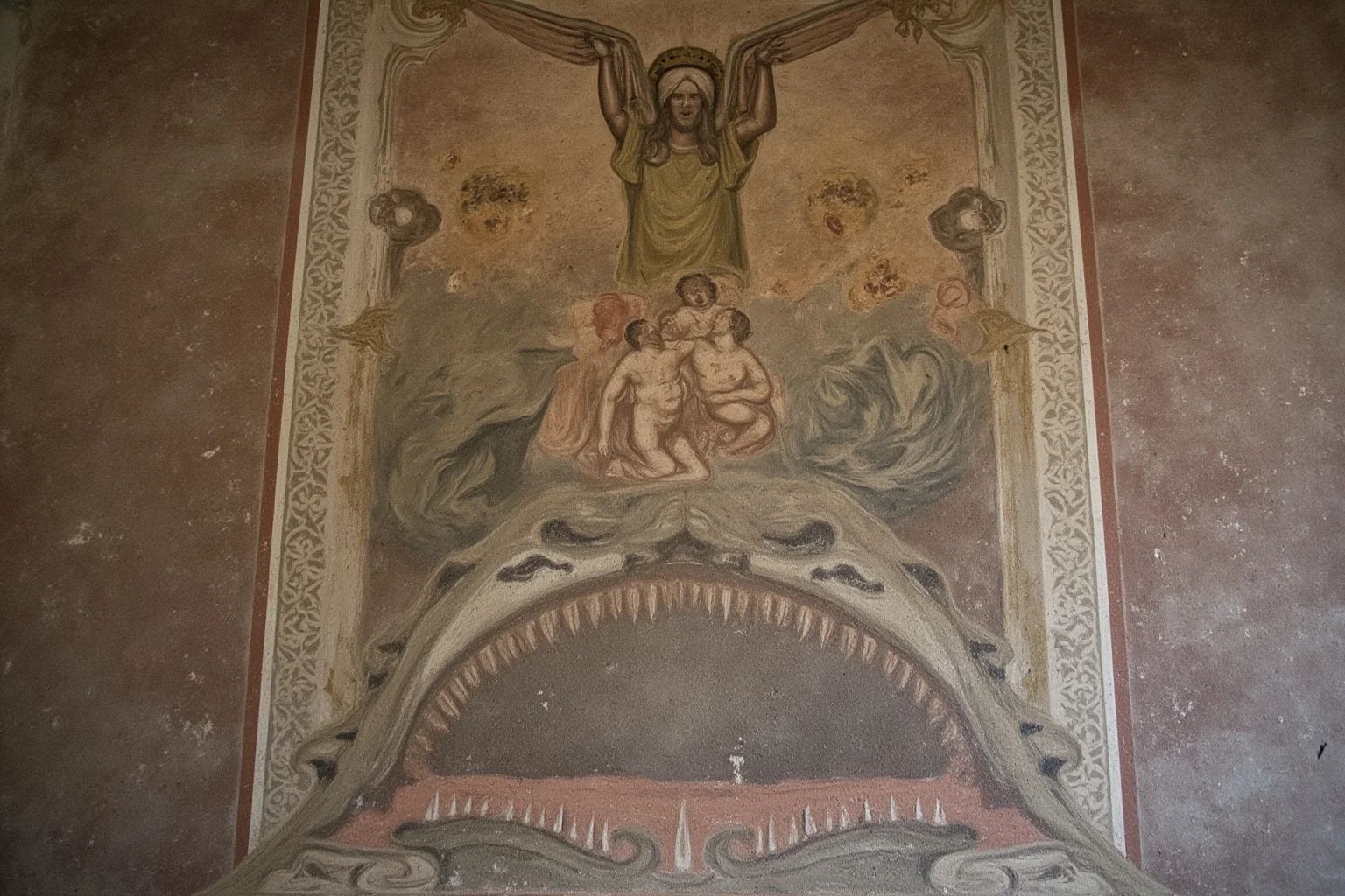 22 Creepiest Pieces of Medieval Art (And the Strange History Behind Them) 5 A faded English church wall painting showing Christ in judgment above a fanged monster mouth swallowing small human figures