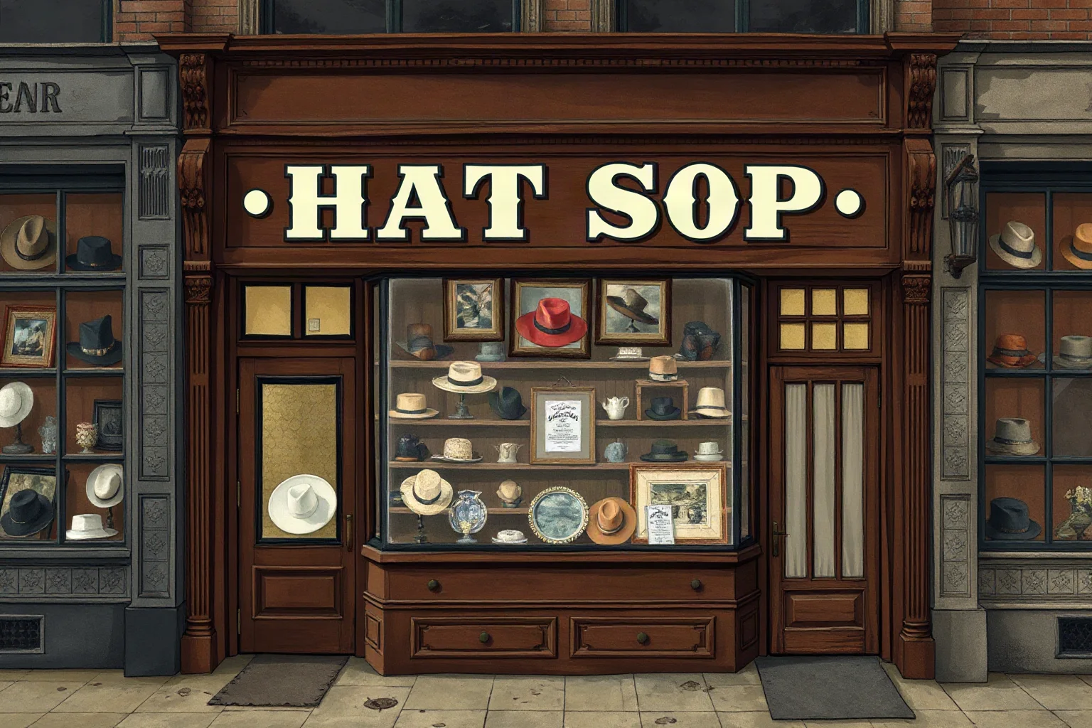 A faded illustration of a once-grand hat shop storefront falling into disrepair, Victorian era