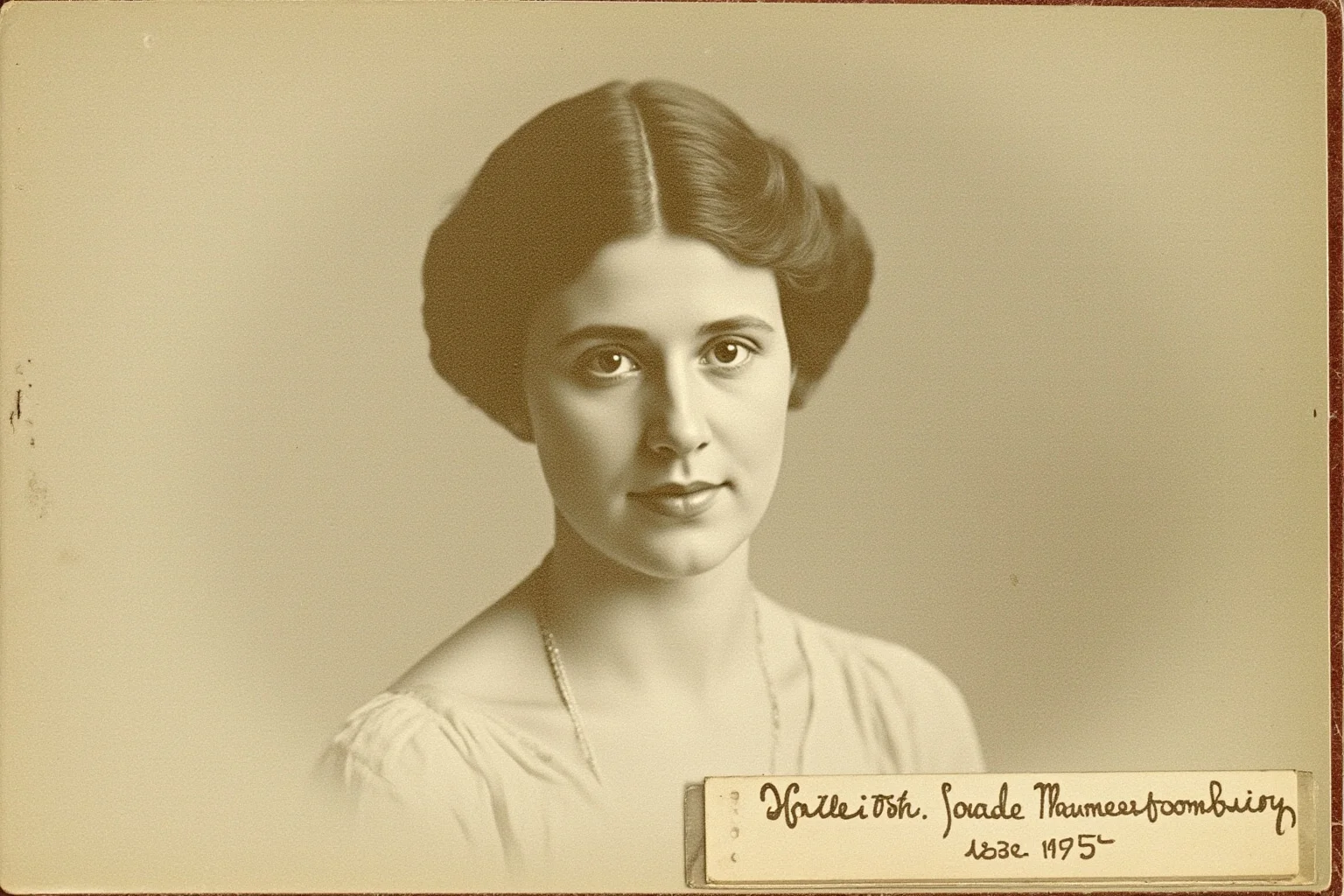 A faded postcard-style photo of a young woman with a simple Edwardian hairstyle labeled with a vintage name card